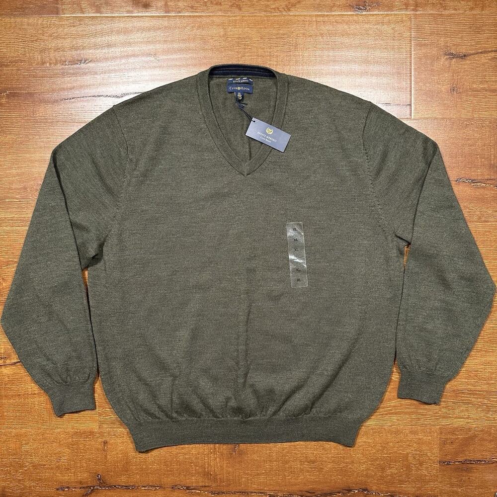 Club Room V Neck Sweater Mens XL Green 100% Merino Wool Lightweight Career City
